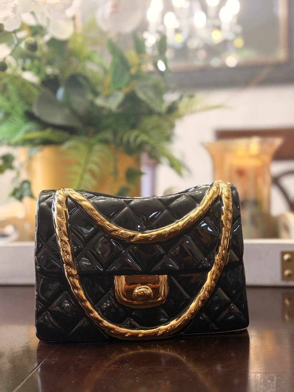 Elegant Ceramic Black Quilted Chain Bag Vase with Gold Hardware - Picture 3 of 10